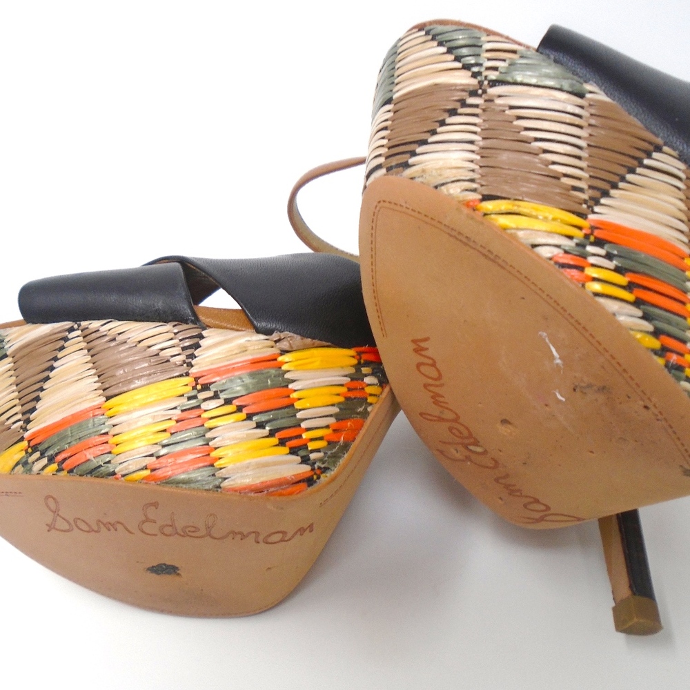 SAM EDELMAN BLACK LEATHER STRAPPY WOVEN HEELS - Picture 7 of 7